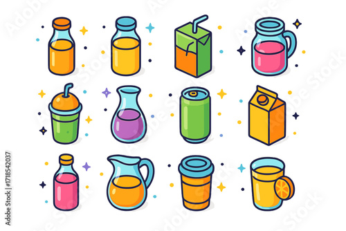 Colorful Juice Containers Icons. Colorful isometric vector icons set of juice containers: glass bottle, plastic bottle, juice box with straw, mason jar,