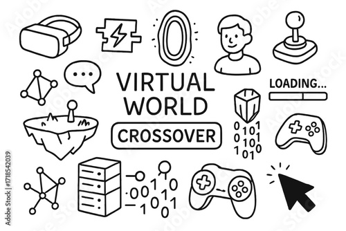 Virtual Reality Iconography. Hand-drawn doodle illustration Virtual world crossover [VR headset, glitch icon, portal, avatar, joystick, chat bubble, loading