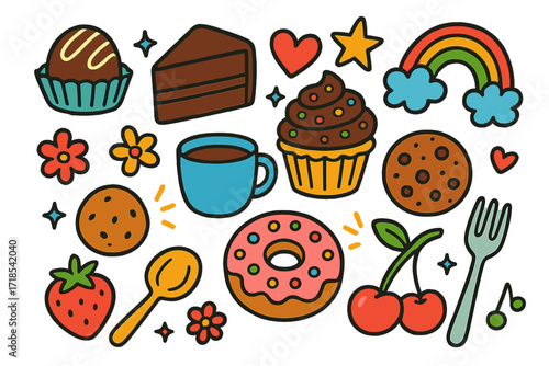 Colorful Dessert Doodle. Colorful Hand-drawn doodle Children illustration Chocolate Dessert Table [truffles, cake slice, cupcake, cookie, donut, spoon, fork,