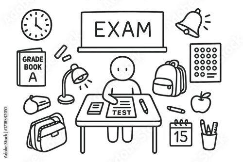 Classroom Essentials Doodle. Hand-drawn doodle illustration school exam classroom desk, student figure, blackboard, clock, test paper, grade book, chalk,