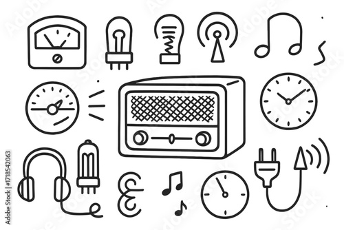 Vintage Radio Doodle. Hand-drawn doodle illustration [vintage radio equipment] retro radio, tuning wheel, analog meter, vacuum tube, wooden case, coil icon,