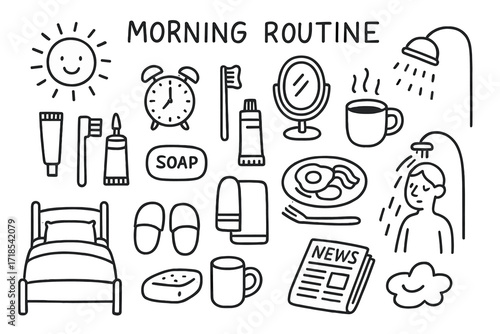 Morning Routine Essentials. Morning routine. Hand-drawn doodle illustration morning routine alarm clock, toothbrush, toothpaste, soap, towel, mirror, comb,