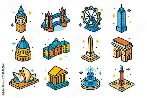 Iconic City Landmarks. Colorful isometric vector icons set of Iconic City Landmarks: clock tower, historic bridge, observation wheel, tall