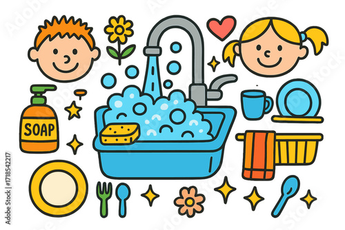 Playful Kitchen Doodles. Colorful Hand-drawn doodle Children illustration Everyday Kitchen Sink sink, faucet, sponge, bubbles, soap bottle, dish rack, towel,