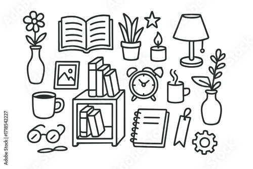 Creative Bookshelf Doodles. Hand-drawn doodle illustration Small bookshelf inspiration [books, open book, vase, plant, candle, clock, mug, glasses, notebook,