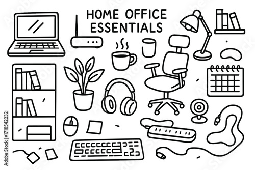 Home Office Doodles. Hand-drawn doodle illustration [home office essentials] [laptop, wireless router, ergonomic chair, desk lamp, bookshelf, plant, coffee