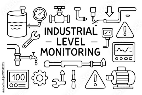 Industrial Monitoring Icons. Hand-drawn doodle illustration Industrial level monitoring [tank, gauge, control valve, sensor, pipe, alert icon, control panel,