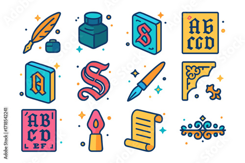 Gothic Calligraphy Icons Set. Colorful isometric vector icons set of Gothic script calligraphy: gothic style pen, black ink pot, capital letter samples, gothic