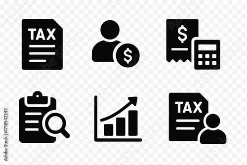 Business Tax Icons. Solid, filled icon set of business taxes: corporate tax form, payroll tax, sales receipt, expense report, invoice, tax audit, profit chart,
