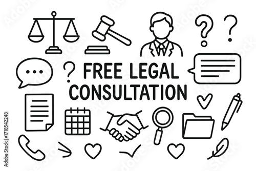 Legal Advice Doodles. Hand-drawn doodle illustration Free legal consultation [scales, gavel, lawyer figure, question mark, speech bubble, document, calendar,