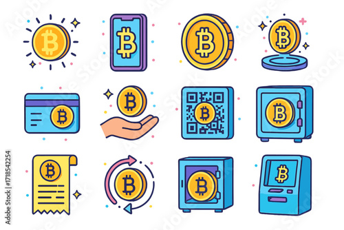 Bitcoin Icons Isometric Grid. Colorful isometric vector icons set of bitcoin symbols in use: glowing bitcoin symbol, bitcoin on smartphone screen, bitcoin on