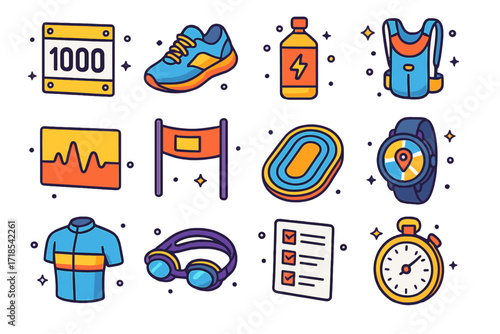 Endurance Training Icons. Endurance Training. Colorful isometric vector icons set of endurance training: marathon bib, running shoes, energy gel, hydration