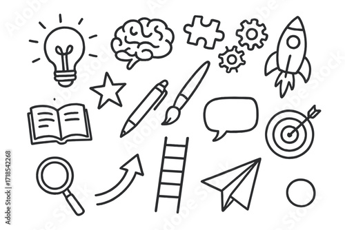 Creative Icons Collection. Hand-drawn doodle illustration innovation and creativity light bulb, brain, puzzle piece, gears, paintbrush, rocket, star, book,