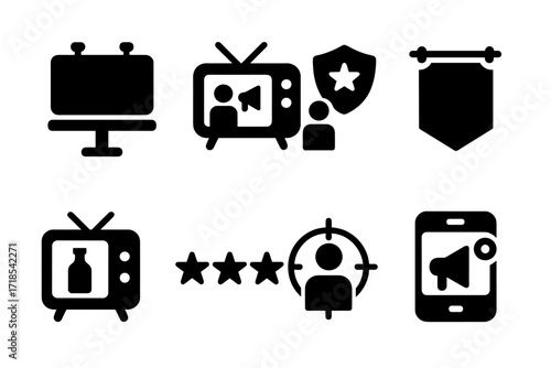 TV Network Icons. Solid, filled icon set of TV network advertising: billboard, commercial, sponsorship, banner, product placement, rating stars, target
