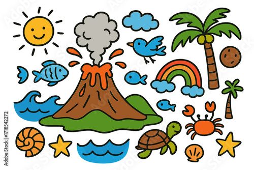 Colorful Volcanic Island Doodle. Colorful Hand-drawn doodle Children illustration volcanic island volcano, smoke, lava, palm tree, bird, fish, crab, seashell,