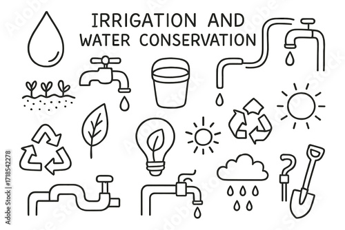 Irrigation Doodle Icons. Hand-drawn doodle illustration Irrigation and water conservation [water droplet, faucet, bucket, drip hose, sprinkler, soil, crops,
