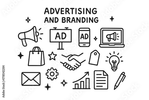 Branding Icons Doodle. Hand-drawn doodle illustration Advertising and Branding [megaphone, billboard, smartphone, laptop, shopping bag, envelope, star,