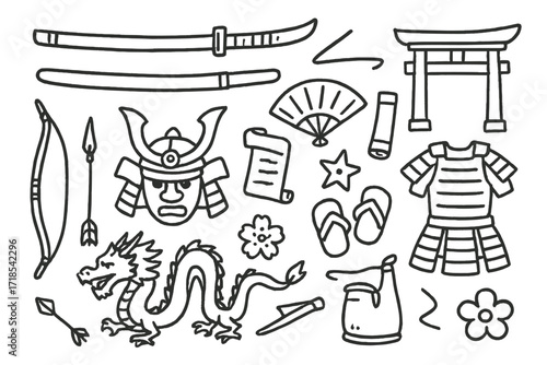 Samurai Symbols Doodle. Hand-drawn doodle illustration samurai sword props katana, tanto, wakizashi, scabbard, helmet, armor, fan, scroll, torii gate, star,