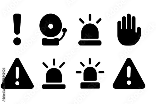 Watcher Warning Icons. Solid, filled icon set of watcher warning signs: exclamation mark, alarm bell, red light, stop hand, warning triangle, siren, flashing