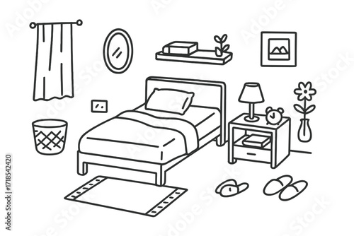 Minimalist Bedroom Doodles. Hand-drawn doodle illustration [minimalist bedroom] [bed frame, pillow, blanket, lamp, nightstand, book, clock, curtain, mirror,