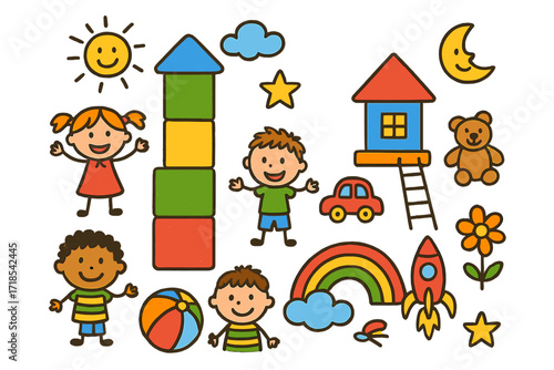 Whimsical Playtime Doodles. Colorful Hand-drawn doodle Children illustration Giant Building Blocks giant cubes, tower, house, rainbow, sun, smiling children,