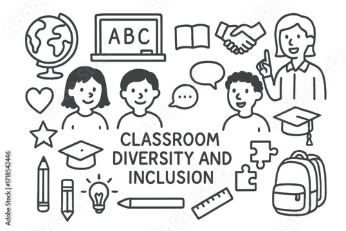 Classroom Diversity Doodles. Hand-drawn doodle illustration Classroom diversity and inclusion [students, teacher, globe, book, pencil, backpack, speech bubble,