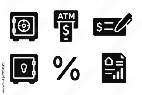 Banking Icons Grid. Solid, filled icon set of banking and finance: bank vault, ATM machine, banknote, checkbook, safe deposit box, interest rate,