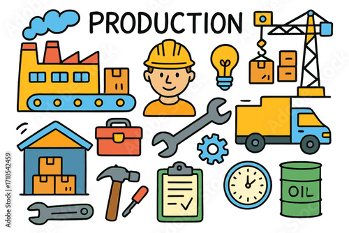 Colorful Factory Doodles. Production. Colorful Hand-drawn doodle Children illustration Production factory, conveyor belt, worker helmet, toolbox, wrench, gear