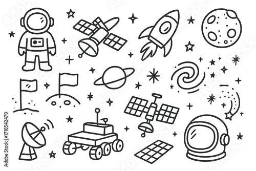 Space Exploration Doodles. Hand-drawn doodle illustration [outer space exploration] astronaut, satellite, spaceship, rocket, alien planet, flag on moon, stars,