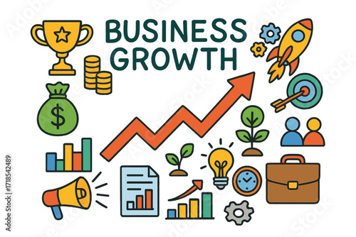 Colorful Business Icons. Business Growth. Colorful Hand-drawn doodle Children illustration Business Growth arrow chart, coins, money bag, trophy, gears,
