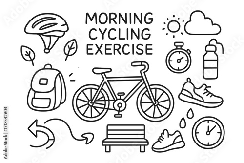 Morning Cycling Doodles. Hand-drawn doodle illustration Morning cycling exercise [bicycle, helmet, stopwatch, water bottle, sun, cloud, tree, leaf, bench,