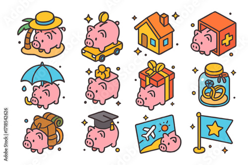 Colorful Savings Icons. Colorful isometric vector icons set of savings goals and motivation: vacation piggy, car goal with piggy, home piggy icon, emergency