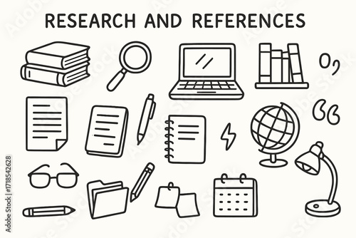Research Doodles. Hand-drawn doodle illustration [Research and references] [books, magnifying glass, laptop, paper sheet, pen, notebook, library, globe,