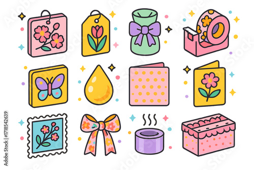 Spring Packaging Icons. Colorful isometric vector icons set of Spring-Inspired Packaging Details: cherry blossom print, tulip bouquet tag, pastel color wrap,