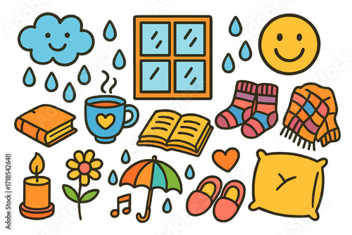 Cozy Rainy Day Doodles. Colorful Hand-drawn doodle Children illustration Rainy day rest window, cup of tea, book, cloud, raindrop, smiley face, cozy socks,