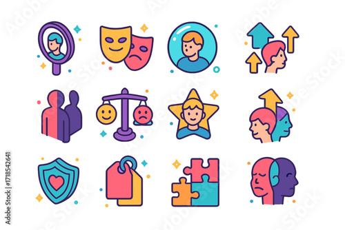 Colorful Identity Icon Set. Colorful isometric vector icons set of ego and identity: mirror reflection, dual face mask, ego bubble, identity fingerprint,