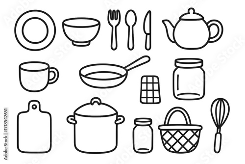 Minimalist Kitchen Doodles. Hand-drawn doodle illustration Minimalist kitchen tools [plate, bowl, spoon, fork, knife, cup, teapot, pan, pot, cutting board,