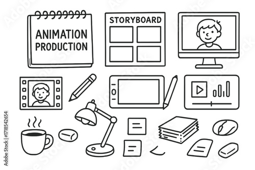 Animation Workspace Essentials. Hand-drawn doodle illustration Animation production sketchpad, storyboard, pencil, graphics tablet, monitor, animation frame,