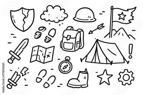 Battlefield Aftermath Icons. Hand-drawn doodle illustration Soldiers retreat aftermath broken shield, broken sword, helmet, boot prints, cloud of dust,