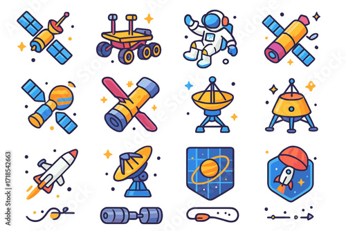 Space Exploration Icons. Colorful isometric vector icons set of solar system exploration: space probe, rover on Mars, astronaut in orbit, satellite around