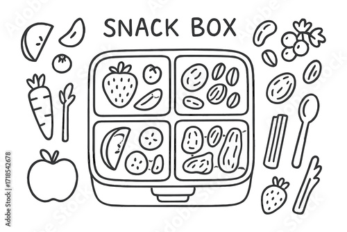 Healthy Snack Doodle. Hand-drawn doodle illustration snack box with healthy treats lunchbox, apple slice, banana slice, grapes, nuts, seeds, dried apricot,