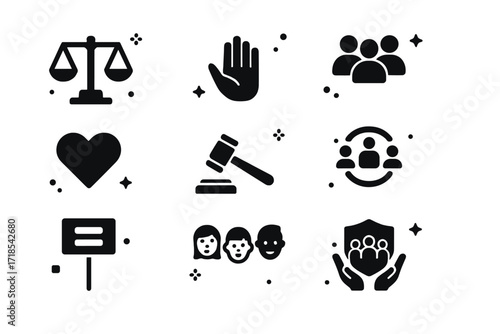 Justice Icons Collection. Fairness. Solid icons set of balanced scale, open hand, group of people, handshake, heart, justice hammer, inclusive circle, equality