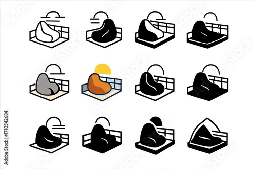 Bean Bag Logos. Set Logo of outdoor lounging: bean bag on terrace. Logo set in vector style, emblematic variations. line, bold thick line, solid black filled,