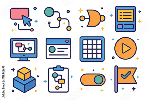 Isometric Workflow Icons Set. Colorful isometric vector icons set of visual workflow design tools: drag-and-drop node, connector lines, logic gate icon, step
