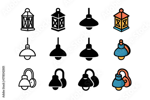 Minimalist Lighting Icons. Icon Set of Minimalist Lighting: Floor lantern, Ceiling lamp, Wall sconce. Icons set in vector style, emblematic variations. Floor