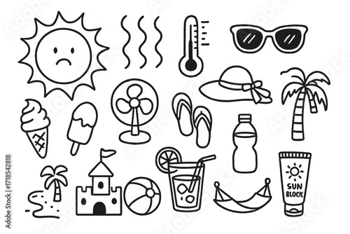 Sunny Summer Doodles. Hand-drawn doodle illustration [Blazing sun] [sun, thermometer, wavy heat lines, sunglasses, ice cream, fan, sun hat, flip-flops, palm