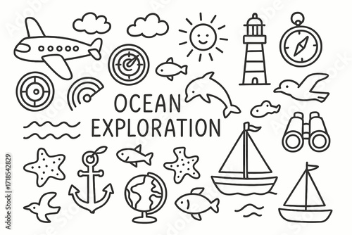 Ocean Exploration Doodles. Hand-drawn doodle illustration ocean exploration flight airplane, radar, compass, waves, dolphin, fish, lighthouse, clouds, sun,