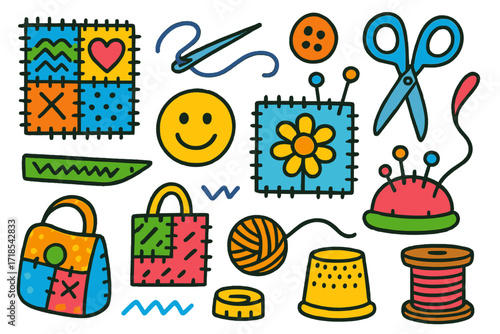 Colorful Quilting Doodles. Colorful Hand-drawn doodle Children illustration Quilted patchwork fabric square, needle, thread, button, scissors, pin cushion,
