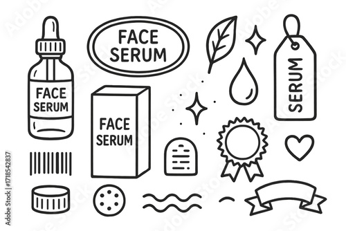Face Serum Doodle Icons. Hand-drawn doodle illustration Face serum branding set bottle, box, logo frame, leaf, sparkle, droplet, tag, barcode, label, cap,