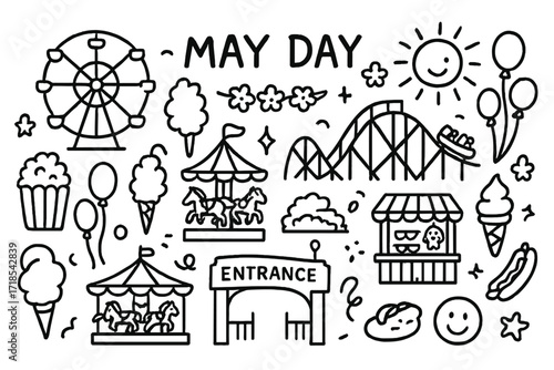 Amusement Park Doodles. Hand-drawn doodle illustration [May Day at an amusement park] [ferris wheel, roller coaster, popcorn, cotton candy, balloons, ice cream